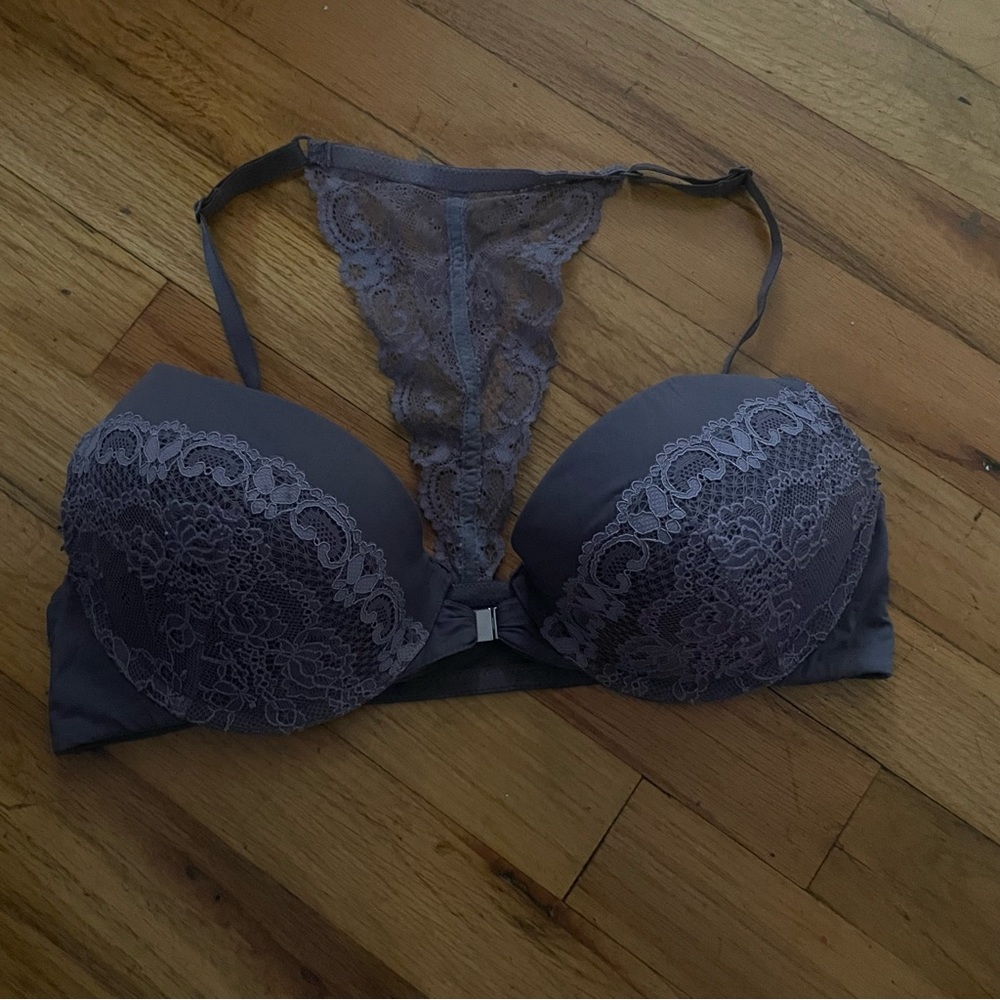 Gray lace racerback bra
